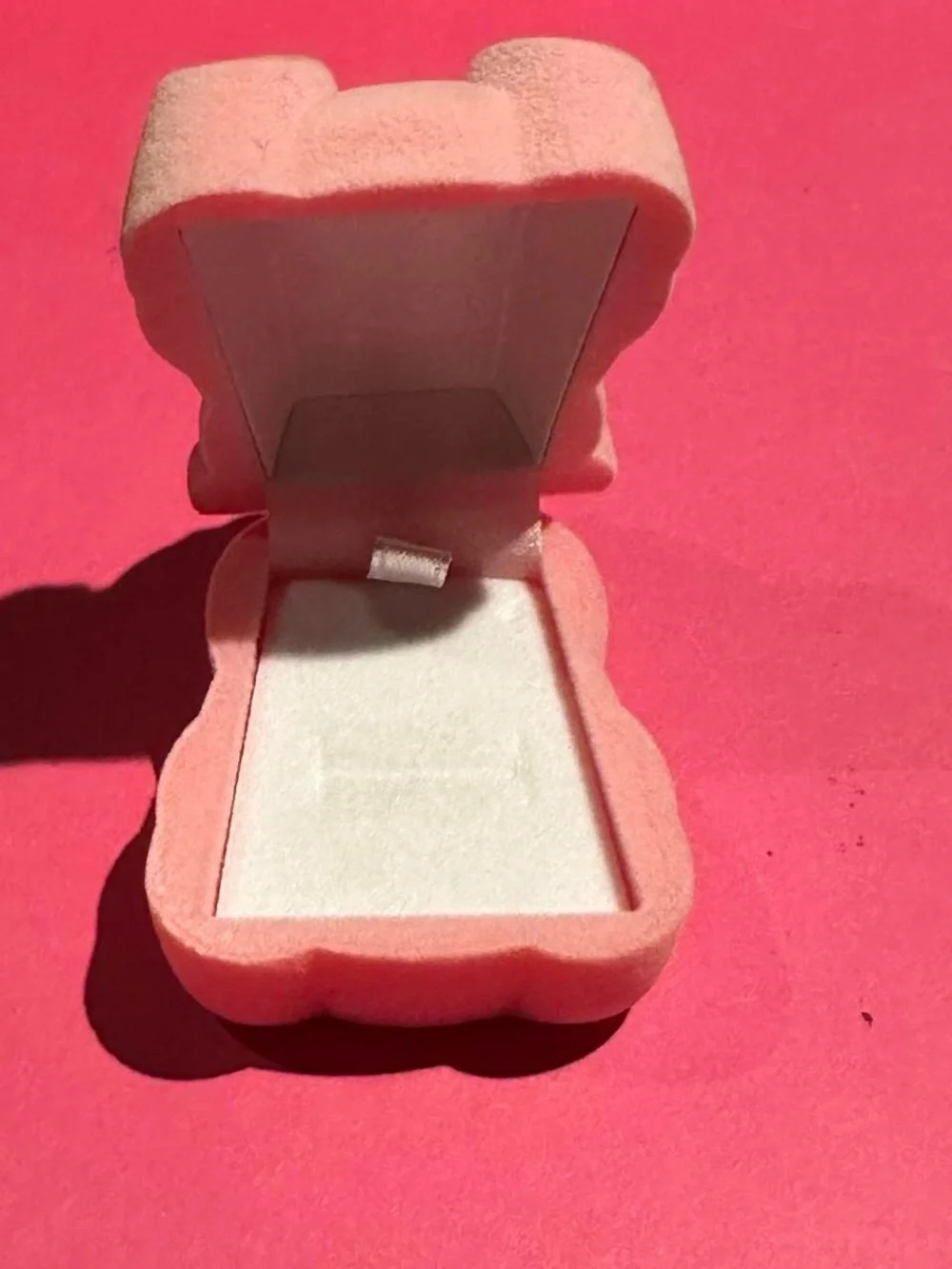 Pink velvet bear Valentine’s Day heart jewelry ring box.